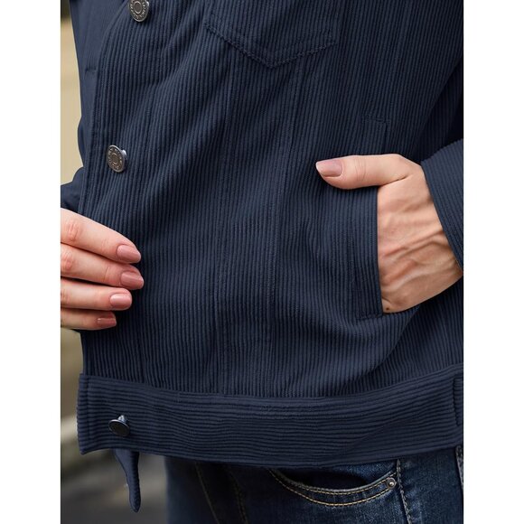 Women Navy Corduroy Cropped Shacket Button Down Long Sleeve Casual Coat - Picture 5 of 6